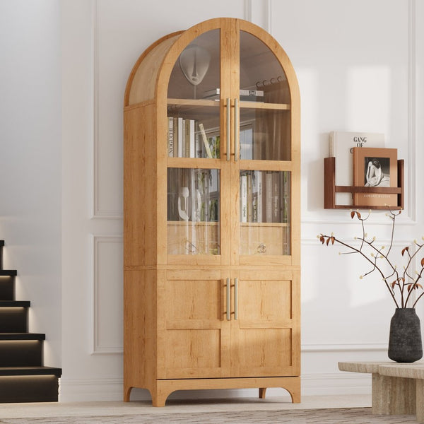 English Elm K&k Arched Farmhouse Pantry Cabinet Glass Doors Hidden Drawer Two Tone Kitchen Storage Natural N707S288969Y