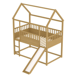 English Elm House Twin Bunk Bed with Built-In Slide and 3-Stage Ladder, Pine French Design with High Guardrail Safety Natural Wood W1858P241096