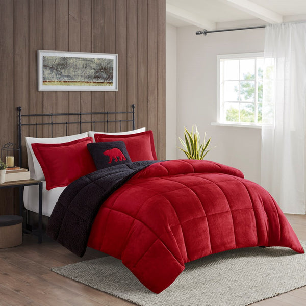 English Elm Full/Queen Plush to Sherpa Comforter Set - Reversible Berber Cozy Down Alternative, Hypoallergenic, OEKO-TEX Certified Red+Black 22.44 L x 20.87 W x 13.39 H B035100471