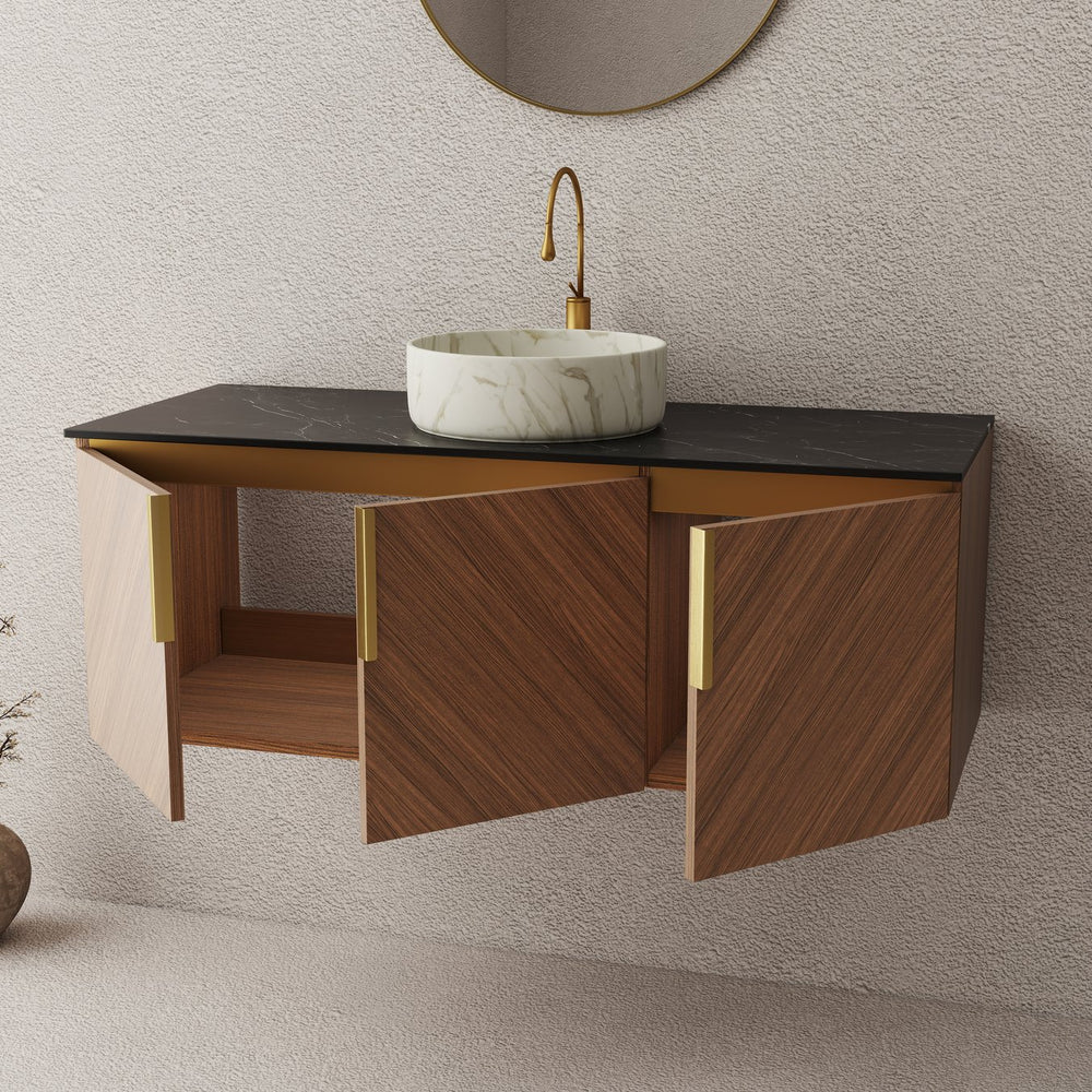 English Elm Arai 48" Wall-Mounted Bathroom Vanity With Black Stone Countertop & White Ceramic Basin, Storage Cabinet W2615S00358