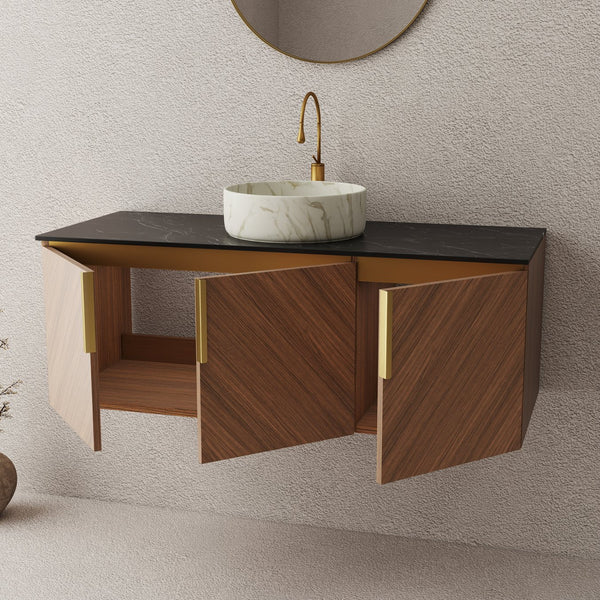 English Elm Arai 48" Wall-Mounted Bathroom Vanity With Black Stone Countertop & White Ceramic Basin, Storage Cabinet W2615S00358