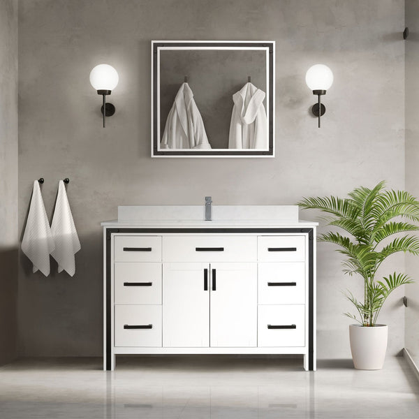 English Elm White 48" Bath Vanity with White Quartz Top, Chrome Faucet & 34" Mirror — Durable Scratch-Resist Finish B2731S01345