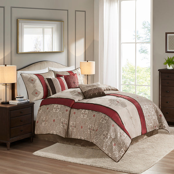 JLA Home Madison Park - 7 Piece Jacquard Comforter Set Bold Red Colorblock with Taupe Embroidery, King Shams & Pillows, Machine-Washable MP10-751