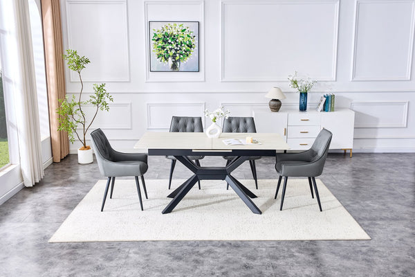 English Elm Modern Extendable Sintered Stone Dining Table with Auto-Lift, Scratchproof Waterproof Top & Black Metal Base W3493S00005