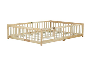 English Elm Full Size Rubber Wood Floor Bed with Surrounding Fence Door and Safety Guardrails W504P370522