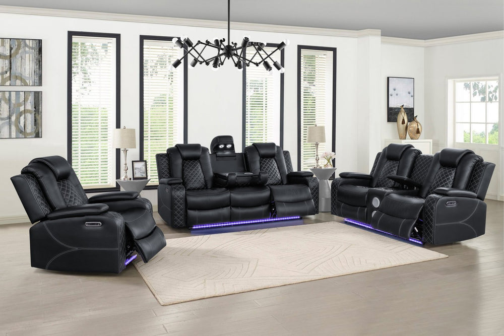 English Elm Leisureluxe Reclining Sofa Set with Led Lighting Wireless Charging and Storage Arms B2730S00015