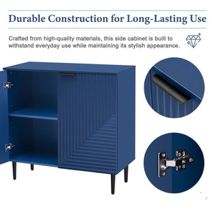 English Elm Mirod Lacquered Side Cabinet Geometric Door Panels Metal Legs Adjustable Interior Shelves Navy Blue N760P221050M