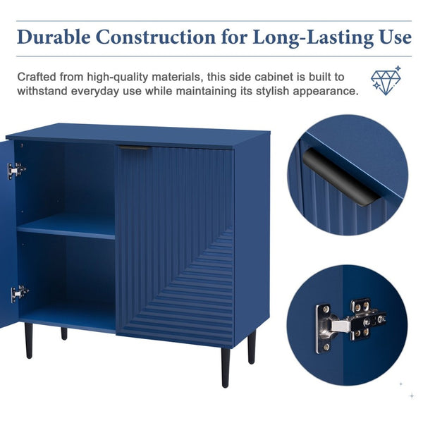 English Elm Mirod Lacquered Side Cabinet Geometric Door Panels Metal Legs Adjustable Interior Shelves Navy Blue N760P221050M