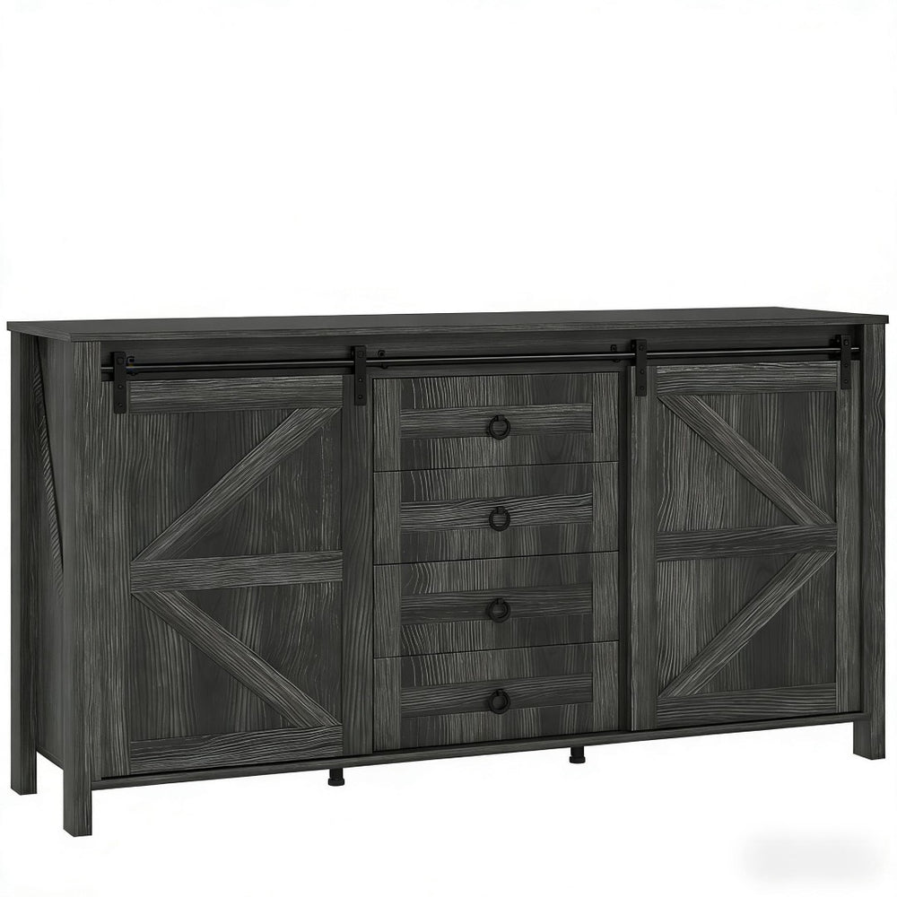 English Elm Farmhouse Buffet Cabinet with Sliding Barn Doors Four Drawers Distressed Cream Finish T3971S00096