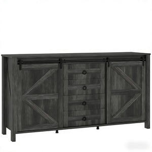 English Elm Farmhouse Buffet Cabinet with Sliding Barn Doors Four Drawers Distressed Cream Finish T3971S00096