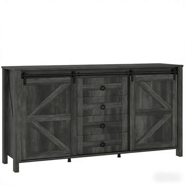 English Elm Farmhouse Buffet Cabinet with Sliding Barn Doors Four Drawers Distressed Cream Finish T3971S00096