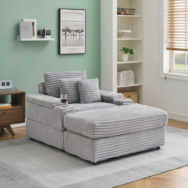 English Elm This Corduroy Single Seat Armchair with Storage Ottoman and Built-in Cup Holders Gray W1278S00077