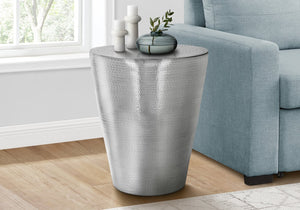 English Elm Accent Drum End Table with Hammered Metal Finish — 22" Handcrafted Cone Shape for Chic Living Spaces Chrome 23 L x 23 W x 26 H B2710P219457