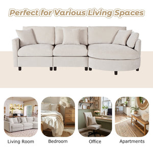 English Elm U_style Chenille Sectional Sofa with Curved Chaise Pine Frame and Three Accent Pillows Beige WY000461AAA