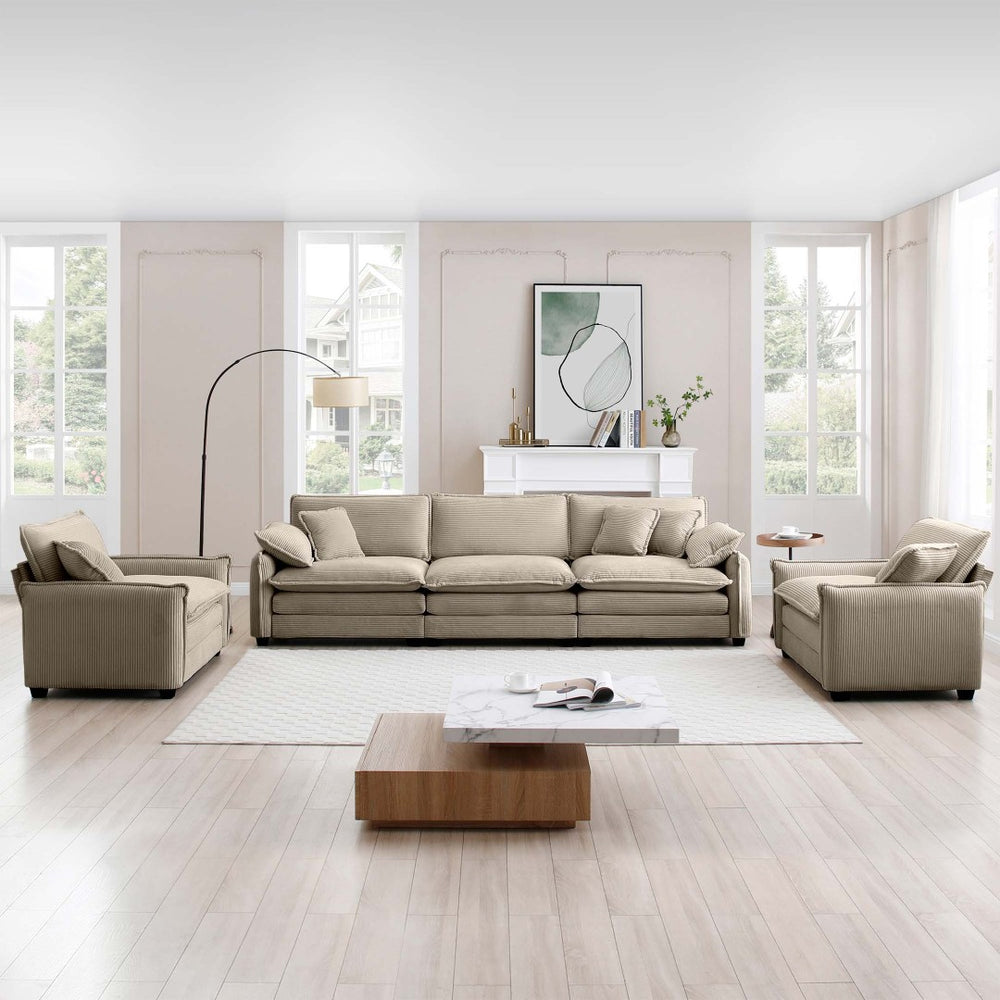 English Elm Warm Home Theater Sofa Set – Plush Tan Corduroy, 3-Seater & 2 Single Sofas, Ergonomic Comfort & Style W714S00706-GIGA