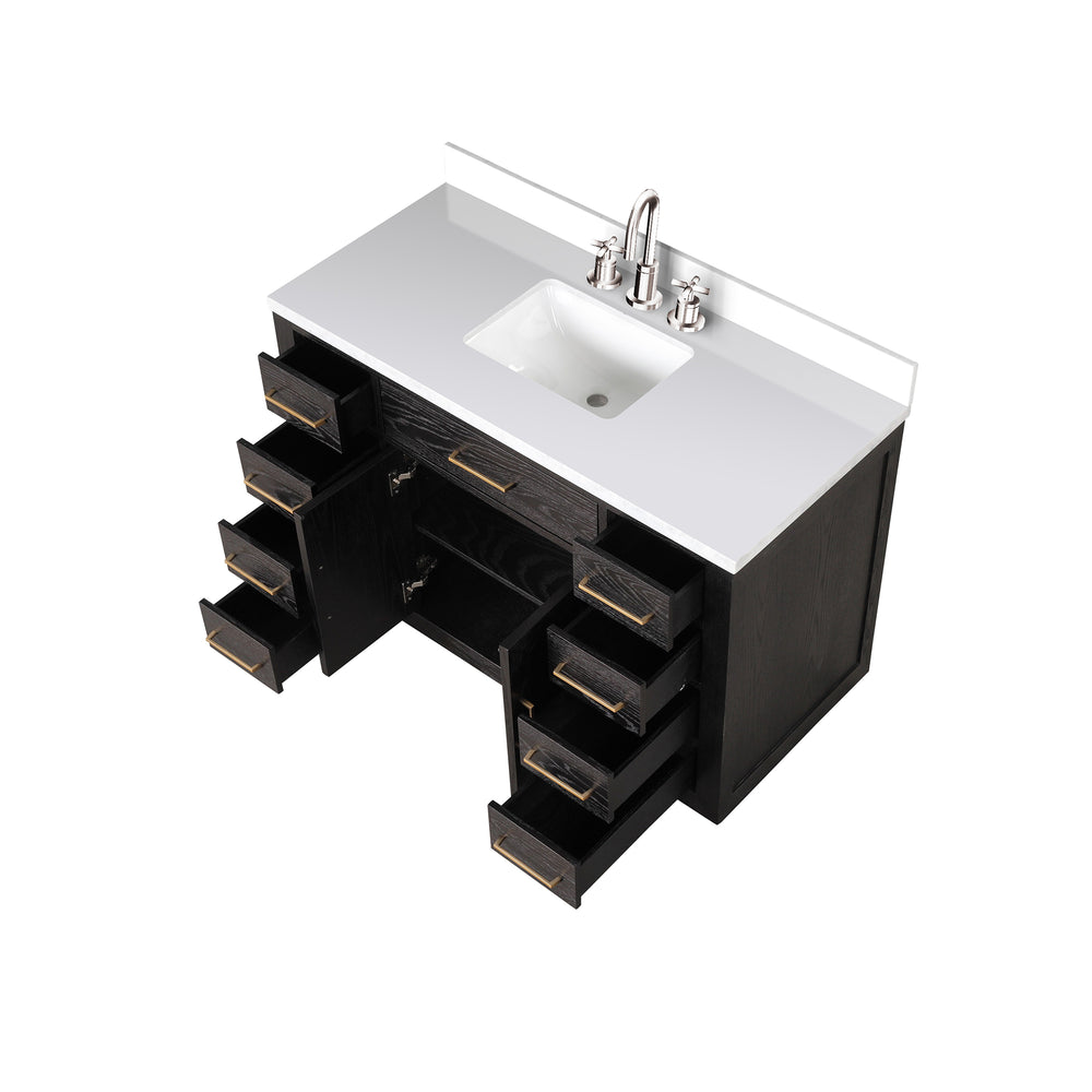 English Elm Black Oak Single Bath Vanity 48" W x 22" D with White Quartz Top, Chrome Gooseneck Faucet, Soft-Close B2731P260831