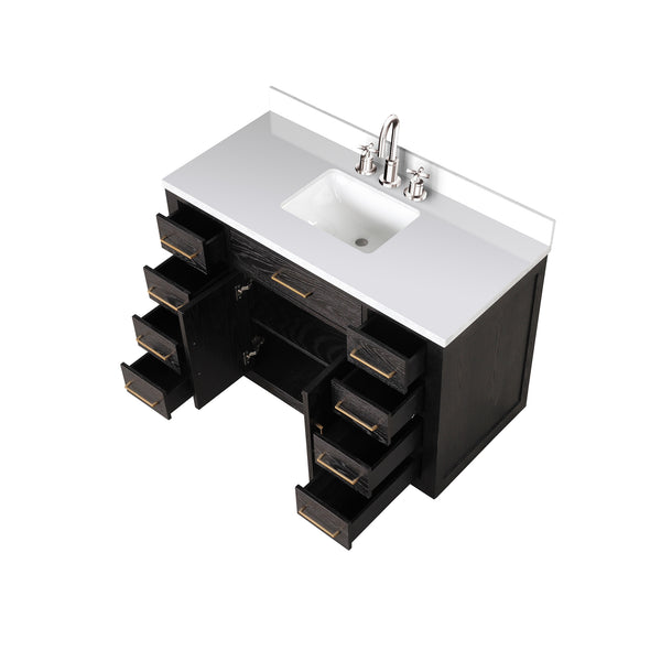 English Elm Black Oak Single Bath Vanity 48" W x 22" D with White Quartz Top, Chrome Gooseneck Faucet, Soft-Close B2731P260831