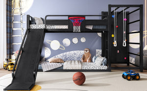 English Elm Twin Metal Loft Bed with Slide Basketball Hoop Climbing Wall and Built-in Shelves Black W1580S00342