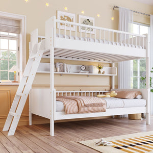 English Elm Twin Over Solid Wood Bunk Bed with Built in Shelves and Reversible Ladder N7090002224K