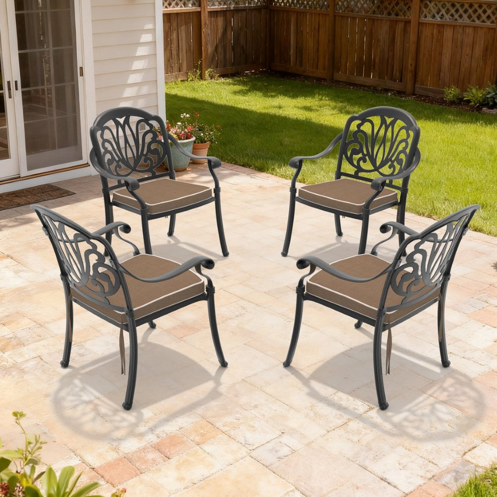 English Elm Cast Aluminum Outdoor Dining Chairs Set of 4 with Carved Relief Frame and Brown Cushions W1710S00504