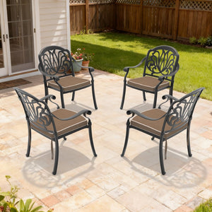 English Elm Cast Aluminum Outdoor Dining Chairs Set of 4 with Carved Relief Frame and Brown Cushions W1710S00504