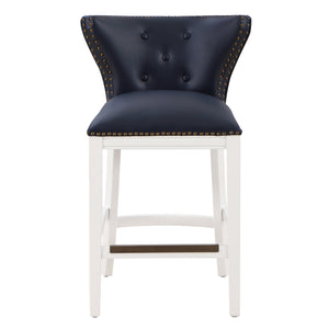 English Elm Macon Midnight Blue Faux Leather Counter Stool with Tufted Back, Antique Brass Nailhead Trim, White Wood Base B050P364431