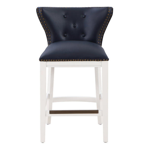 English Elm Macon Midnight Blue Faux Leather Counter Stool with Tufted Back, Antique Brass Nailhead Trim, White Wood Base B050P364431