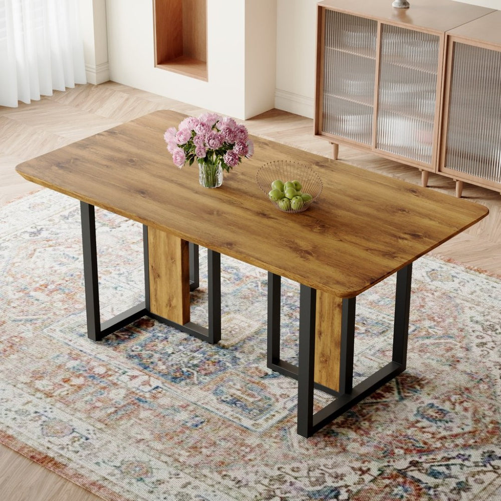 English Elm Modern Industrial Rectangular Dining Table with Wood Grain Top and Black Iron Frame W1151S01884