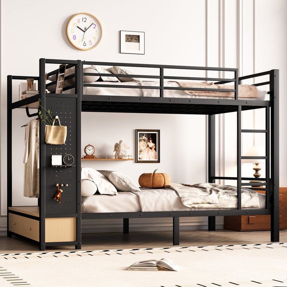 English Elm Full Metal Bunk Bed For Teens - Space-Saving Full Over Full Design With Storage Shelves & Drawers, Black W1580S00234