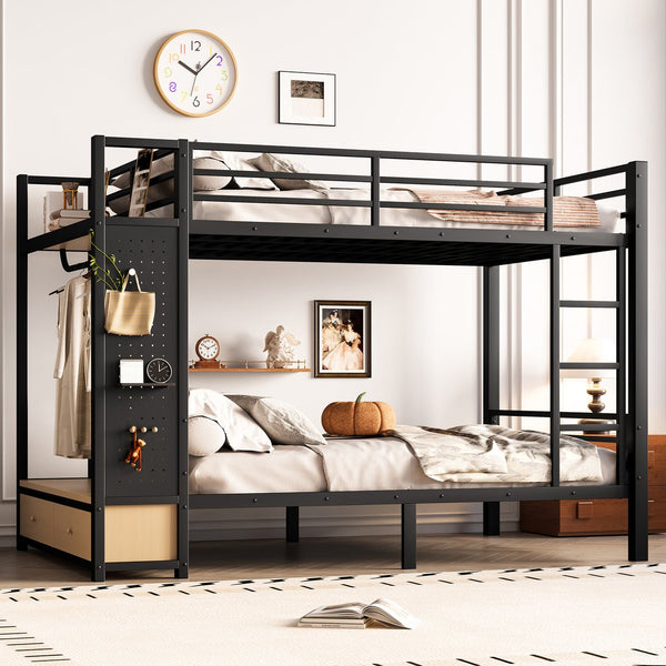 English Elm Full Metal Bunk Bed For Teens - Space-Saving Full Over Full Design With Storage Shelves & Drawers, Black W1580S00234