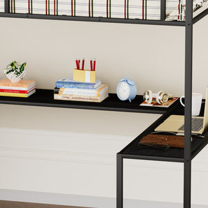 English Elm Full Metal Loft Bed with L-Shaped Desk, RGB LED Lights, Charging Cradle, Wardrobe & Drawers Black W1162S00014