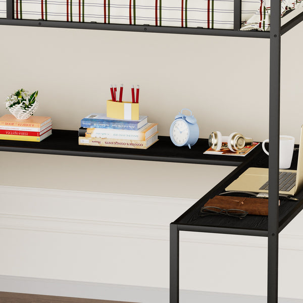 English Elm Full Metal Loft Bed with L-Shaped Desk, RGB LED Lights, Charging Cradle, Wardrobe & Drawers Black W1162S00014