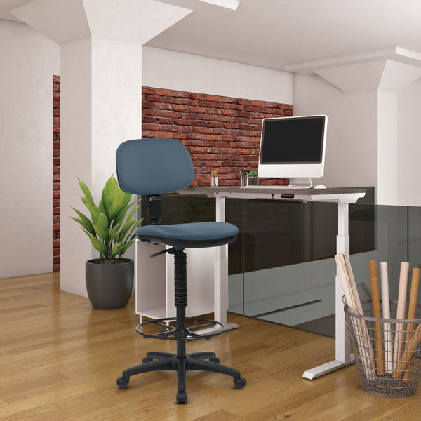 OSP Home Furnishings Sculptured Ergonomic Drafting Chair with Vinyl Upholstery for Studio and Lab Workspaces Dillon Blue DC517V-R105