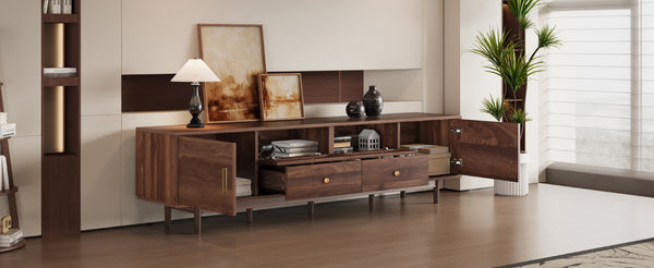 English Elm 76" Modern Chic TV Stand for Up to 85" TVs — Rattan Accents, Solid Wood Legs, Soft-Close Doors & Drawers N710P339467P