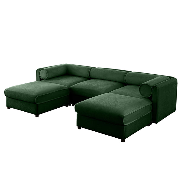 English Elm Elegant Green Chenille Sofa With Hidden Storage, U-Shaped Design And Comfortable Cylindrical Backrests W714S01062