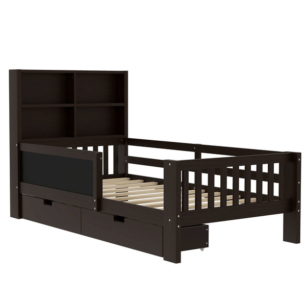 English Elm Twin Chalkboard Platform Bed with Drawers & Shelves, Solid Wood Kids Bed with Storage and Creative Headboard Espresso W1580P362705