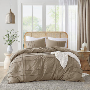 JLA Home Comfort Spaces - Soft Washed Pleated Duvet Cover Set with OEKO-TEX Soft Microfiber, Grid Pinch-Pleat & Button Closure Khaki AM12-0431