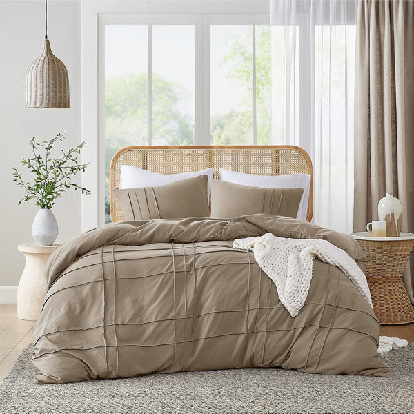 JLA Home Comfort Spaces - Soft Washed Pleated Duvet Cover Set delivers cloud-like comfort, OEKO-TEX safety, breathable microfiber, tailored grid pleat elegance Khaki AM12-0430