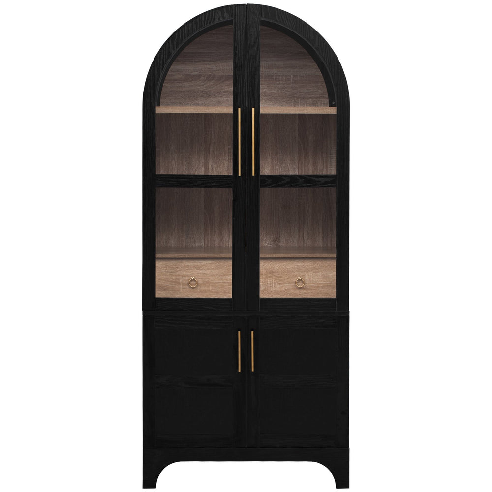 English Elm K&K Arched 71" Kitchen Pantry Cabinet with Glass Doors, Brass Handles, Adjustable Shelves & Drawer Black N707P288969B