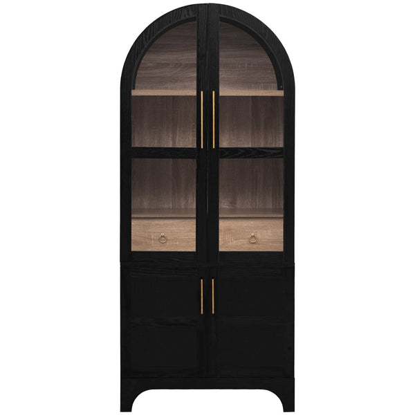 English Elm K&K Arched 71" Kitchen Pantry Cabinet with Glass Doors, Brass Handles, Adjustable Shelves & Drawer Black N707P288969B