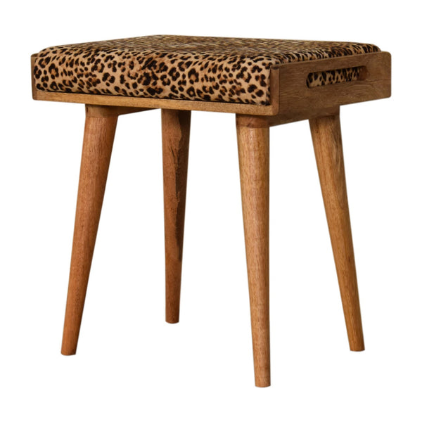 English Elm Solid Leopard Velvet Tray Footstool with 100% Mango Wood Frame, Nordic Legs, Modern Upholstery Brown Oak B182P202486