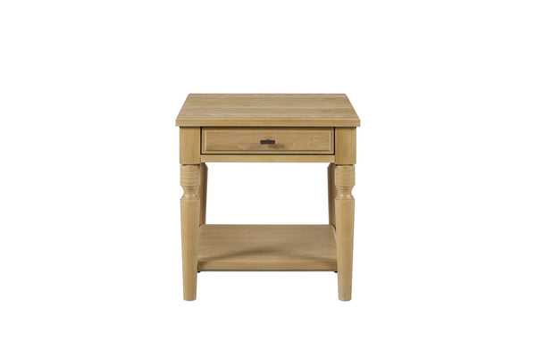 English Elm End Table Hickory Veneer Turned Legs Open Shelf Drawer Traditional Living Room Accent Tan B2699P443218