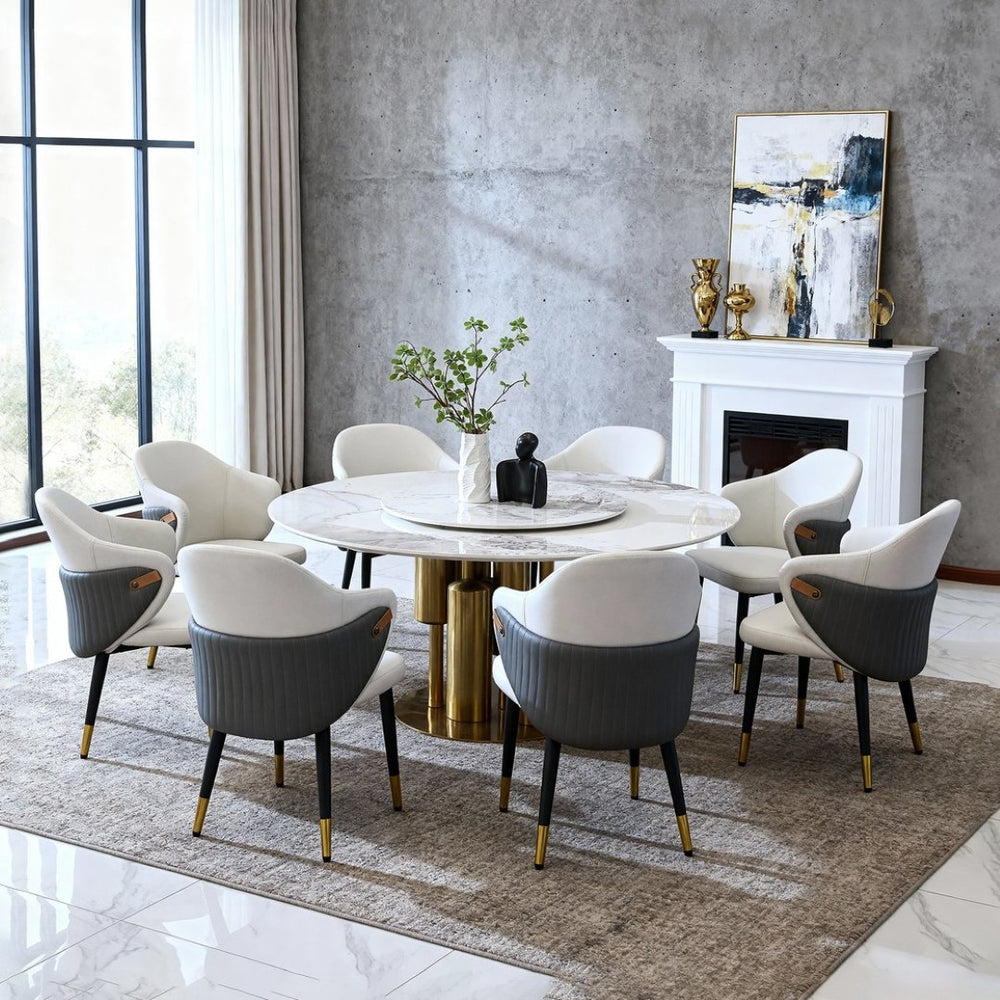 English Elm 59" Round Sintered Stone Dining Table Seats 8 with Built-in Lazy Susan Modern W2699S00096