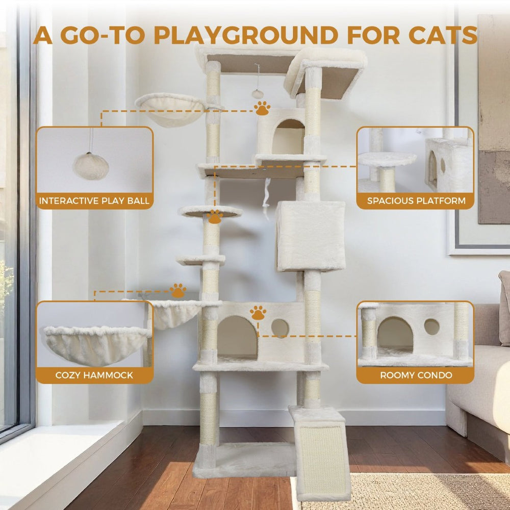 English Elm 84 Inch Tall Multi Cat Tower with Sisal Posts Hammock Triple Condos and Top Perch W243P382891