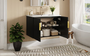 English Elm 30" Vintage Bathroom Vanity with Ceramic Sink — Wall-Mount MDF & Solid Wood Cabinet, Storage, Sleek Finish Black N710P214100B