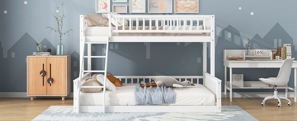 English Elm Twin Twin XL over Queen bunk bed with ladder and guardrails, sturdy pine MDF frame for small rooms White GX000464AAK