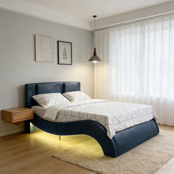 English Elm Faux Leather King Platform Bed with Rgb Lighting Bluetooth Speakers and Massage W2297S00029