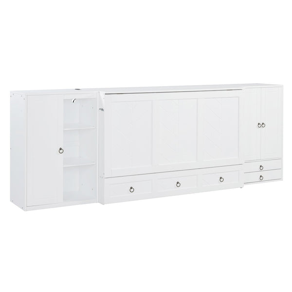 English Elm Queen Murphy Bed with Wardrobe Cabinets Built-in Usb Charging and Concealed Drawers White LP000590AAK