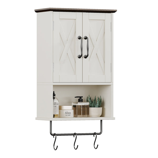English Elm Farmhouse Vintage Wall Cabinet with Towel Rack, 3 Hooks & Adjustable Shelf — Beige Brown MDF Storage T3771P352295