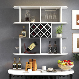 English Elm Large Rustic Wood Wall Mounted Wine Rack with Three Shelves and Stemware Rail White W331P277923